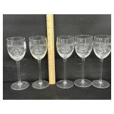 5 Toscany Etched Crystal Wine Glasses Ribbon