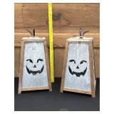 2 Metal & Wood Jack-O-Lanterns Lighted 18"
