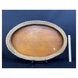 Vintage Braided Wicker Wooden Base Oval Tray