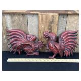 Pair Vintage Hoda Red Rooster Metal Wall Hangings