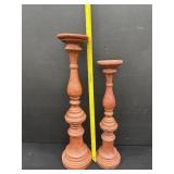 2 Vintage Tall Carved Wooden Candlestick Holders