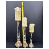 3 Gold Gilded Candlestick Holders W/ Candles