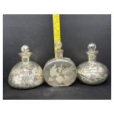 3 Vintage Silver Mercury Glass Bottles
