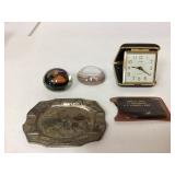 Lot with Clock, Paperweights, and Tray