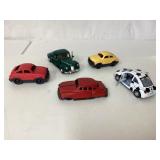 Five Toy Cars in Varying Styles and Colors
