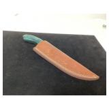Handcrafted Knife With Green Handle and Brown Leat