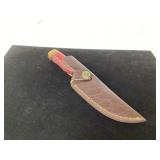 Damascus Steel Knife with Red Handle and Leather S Damascus Steel Knife with Red Handle and Leather S