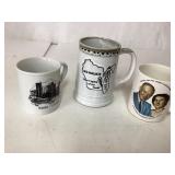 Three Ceramic Coffee Mugs with Thematic Designs Three Ceramic Coffee Mugs with Thematic Designs