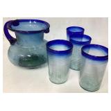 Mexican Hand-Blown Glass Pitcher With 4 Matching G