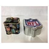 Two Decorative Tins, Including NFL and Stamps Desi