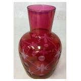 Etched Cranberry Glass Vase, Approximately 6 1/2 I