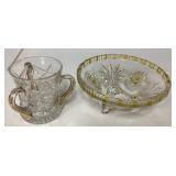 Pressed Glass Mug and Round Footed Bowl With Gold