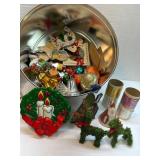 Large Christmas Tin Filled With Vintage Ornaments