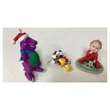 Three Christmas-Themed Ornaments Featuring Barney,