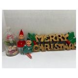 Christmas Decor Lot with Elves, Santa in Glass Dom