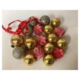 Vintage Ornaments Including Gold Balls and Glitter
