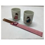 Ceramic Cups with Geisha Design and Chopsticks