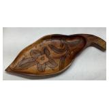 Hand-Carved Wooden Leaf-Shaped Tray With Floral De