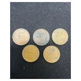 Five Wheatie Lincoln Pennies