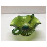Green Iridescent Carnival Glass Bowl With Handles