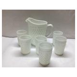 Milk Glass Hobnail Pitcher and Six Matching Glasse