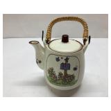 Japanese Ceramic Teapot with Woven Handle and Flor