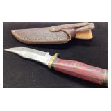 Damascus Steel Knife With Leather Sheath and Red W