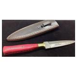 Damascus Steel Knife with Red Handle and Leather S