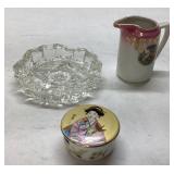 Ash Tray, Porcelain Pitcher, and Oriental Dish Set