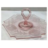 Pink Glass Serving Plate with Handle and Etched Fl