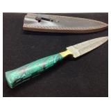 Damascus Steel Knife with Green Handle and Leather