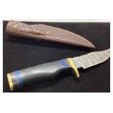Damascus Steel Knife with Leather Sheath, 8.5 Inch