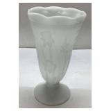 Milk Glass Vase with Floral Motif, Approximately 9
