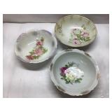 3 Porcelain Bowls With Floral Designs, 9-10 Inches