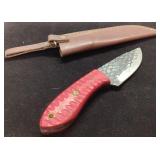 Handmade Knife with Red Handle and Leather Sheath,