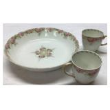 Porcelain Dish and Two Cups with Floral Design and