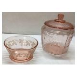 Pink Depression Glass Bowl and Canister with Lid