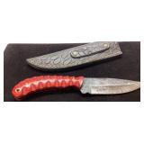 Fixed Blade Knife with Red Handle and Leather Shea