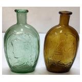 Vintage Green and Amber Bottles, 8 1/2 Inches Tall