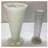White Hobnail Glass Vase and Clear Textured Glass