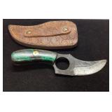 Knife With Carved Green Handle and Leather Sheath,