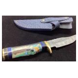 Damascus Steel Knife With Custom Handle and Blue S