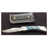 Folding Pocket Knife with Blue Handle and Embossed