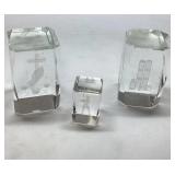 3 Glass Paperweights With Etched Religious Symbols