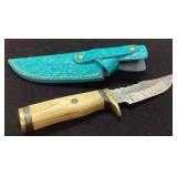 Damascus Steel Knife with Wooden Handle and Blue S