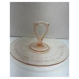 Etched Pink Glass Serving Tray with Handle