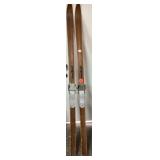 Wooden Vintage Skis With Metal Bindings and Leathe
