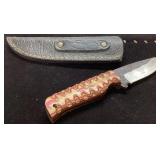 Fixed Blade Knife with Decorated Handle and Leathe