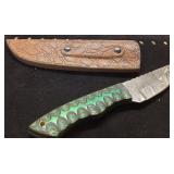 Damascus Steel Knife With Green Handle and Texture