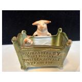 Porcelain Figurine of Pigs in Cradle with Inscript